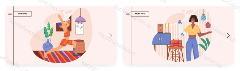 Mobility aids for disabled landing page design, website banner template set, flat vector illustration. Female characters doing yoga, dancing with arm and leg prosthesis. Disabled with artificial limbs