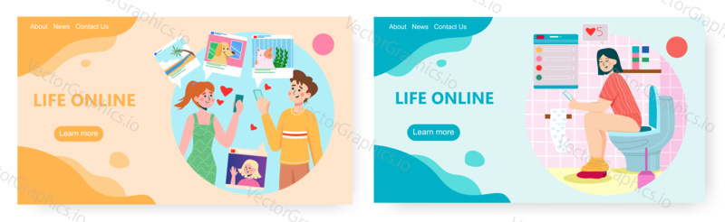 Life online, landing page design, website banner template set, flat vector illustration. Happy people chatting, posting photos using social networks. Internet communication, social media addiction.