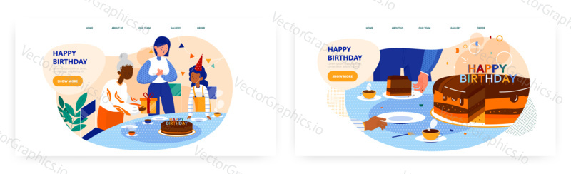 Happy birthday landing page design, website banner template set, flat vector illustration. Happy multicultural lesbian couple celebrating kid birthday. Lgbt family relationship, parenting.