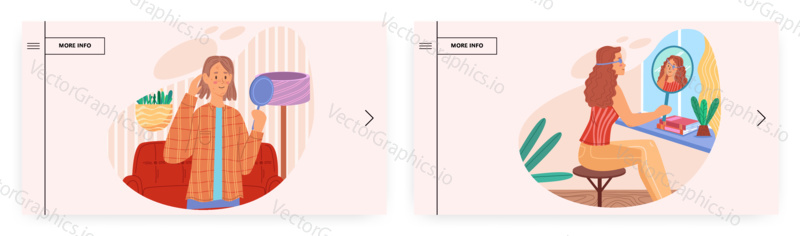 Special appearance, skin problem people. Landing page design, website banner template set, flat vector illustration. Female characters with eye patch and pimples on face looking in the mirror.