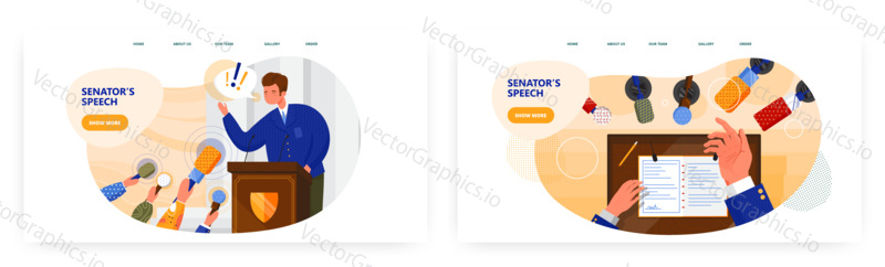 Senators speech landing page design, website banner template set, flat vector illustration. Politician giving election speech standing behind the rostrum. Political debates.