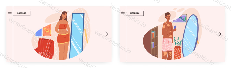 Special appearance, skin problem people. Landing page design, website banner template set, flat vector illustration. Fat woman and man with psoriasis, eczema looking in the mirror.