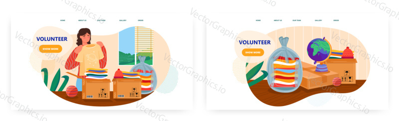 Volunteer landing page design, website banner template set, flat vector illustration. Female volunteer packing toys, clothes in cardboard box for people in need. Charity, volunteering, voluntary help.