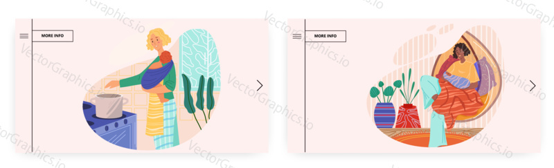 Newborn baby care landing page design, website banner template set, flat vector illustration. Happy mothers with their newborn babies cooking in kitchen, sitting in hammock. Motherhood, parenting.