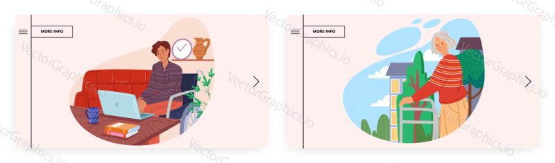 Mobility aids for disabled landing page design, website banner template set, flat vector illustration. Man with disabilities in wheelchair using laptop. Senior woman walking using assistive walker.