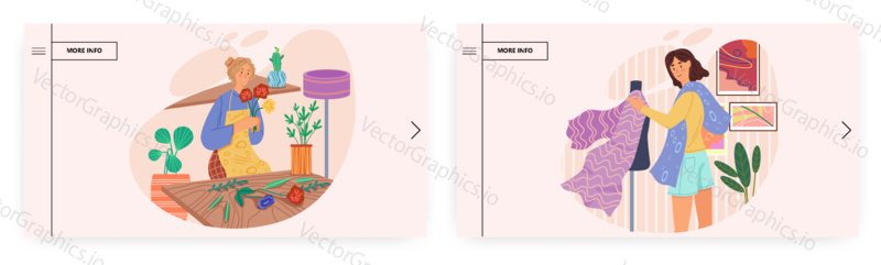 Hobby landing page design, website banner template set, flat vector illustration. People enjoying their hobbies. Happy women caring for houseplants, choosing fabric for sewing trying it on mannequin.