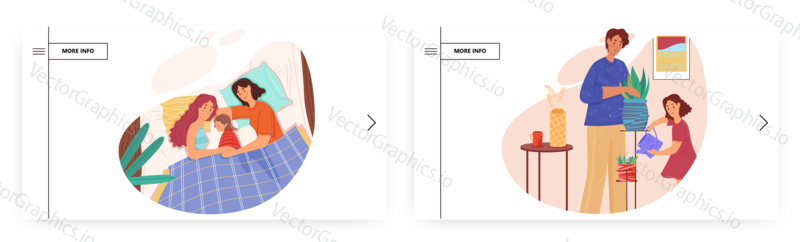 Parenting landing page design, website banner template set, flat vector illustration. Father with daughter caring for plants, lesbian couple lying in bed with daughter. Happy family relationship.