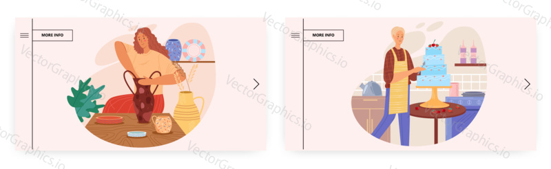 Hobby landing page design, website banner template set, flat vector illustration. People enjoying hobbies. Happy female characters decorating cake, making clay vase. Pottery, art or culinary school.