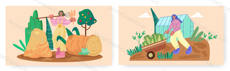 Farm landing page design, website banner template set, flat vector illustration. Female characters, farmers, agriculture workers harvesting watermelon, making haystack. Farming industry, farm business