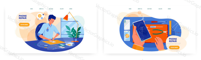 Mobile phone repair landing page design, website banner template set, flat vector illustration. Professional technician repairing cell phone, changing broken screen. Electronic repair service.