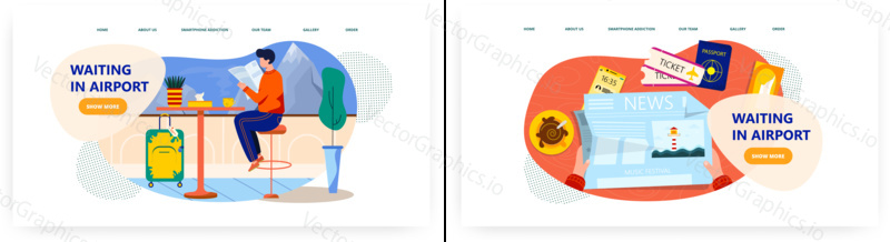 Waiting in airport landing page design, website banner template set, flat vector illustration. Male passenger reading newspaper sitting at table in airport cafe waiting for flight.