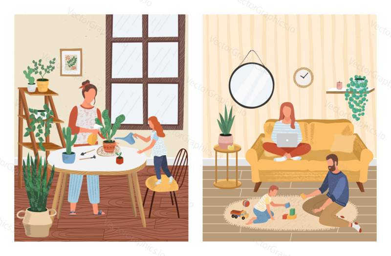 Happy family stay at home concept vector illustration in cartoon style. Mother and daughter watering plant in home garden. Father plays with son while mother uses laptop sitting on sofa.