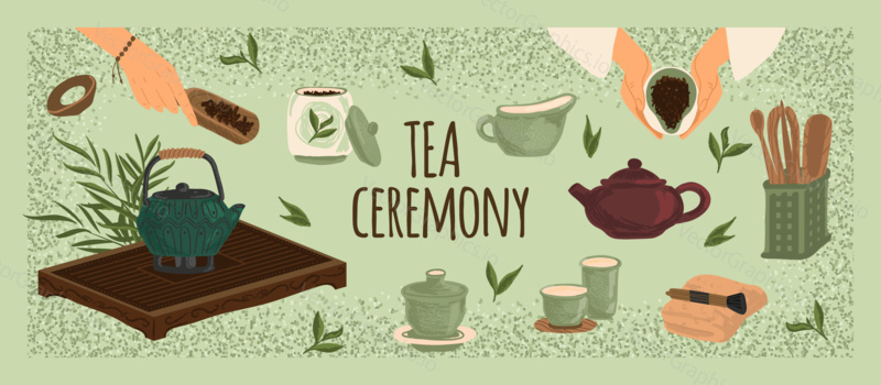 Tea ceremony equipment set vector illustration. Traditional japanese and chinese tea utensils and accessories, teapot, ceramic cup, spoon. Hand drawn banner and poster.