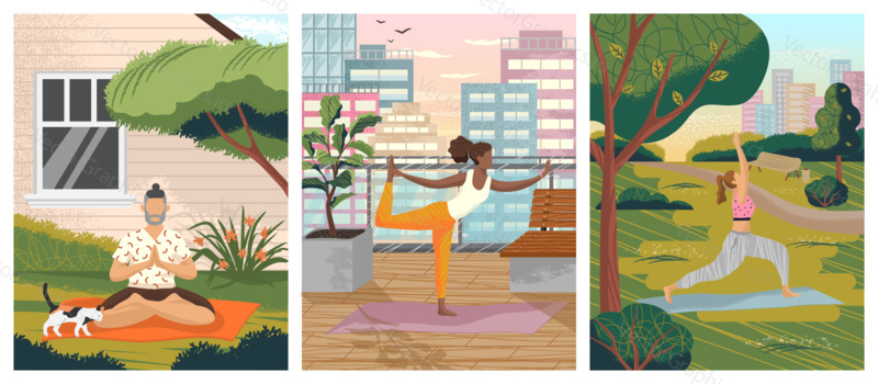 People doing yoga exercise in a city park, balcony or home backyard. Healthy lifestyle concept vector illustration. Man meditate in his yard. Young girl keep balance in yoga pose.