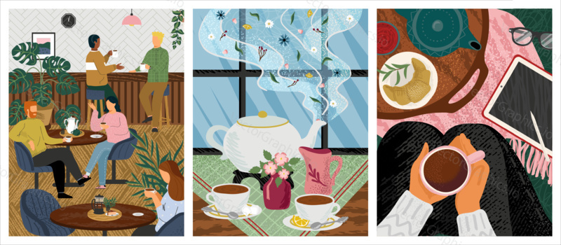 Ranní káva v kavárně koncept vektorové ilustrace. Lidé u stolu v restauraci pijí čaj. Přátelé setkání na snídani. Žena sedí na podlaze a pít horký čaj. Stůl s čajovým hrncem a šálky.