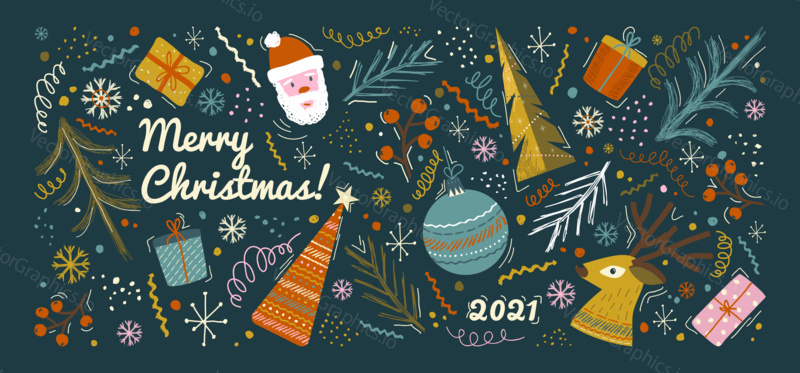 Veselé Vánoce a Šťastný Nový Rok blahopřání a pozadí šablony. Zimní dovolená vektor ilustrace v vintage stylu. Vánoční stromeček a hračky, santa claus. 2021 Nový rok ručně kreslený plakát.