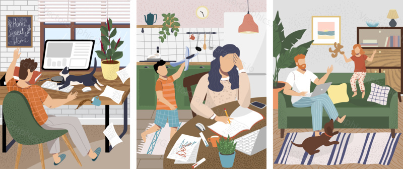 Work at home office problems and disturbance. Children and pet disturb working at home parents. Vector illustration in cartoon style. Remote workplace in kitchen.