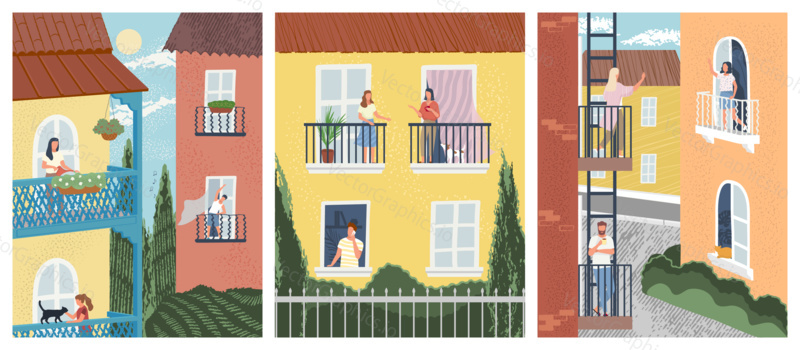 Budova fasáda s lidmi na balkonech. Muži a ženy mluví se sousedy, cvičí, zalévají květiny. Koncept sousedů v karanténě. Vektorová ilustrace.