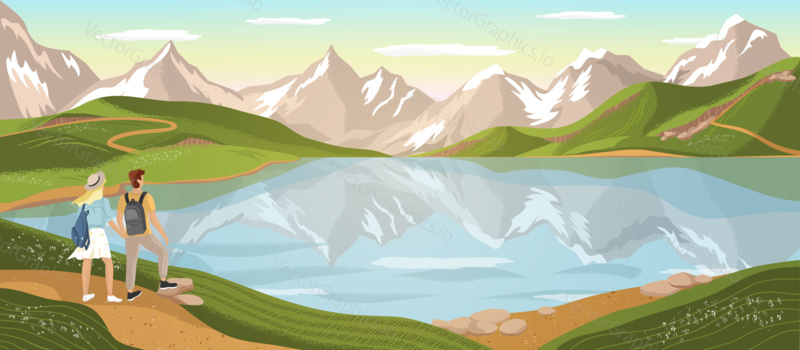 Pár turistů se dívá na horské jezero. Cestování a venkovní dobrodružství vektor koncept ilustrace. Přírodní krajina plakát. Šťastný muž a žena turisté vychutnat výhled na horské jezero.