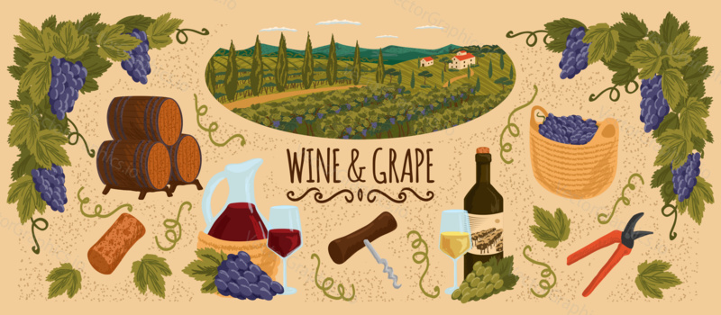 Winery vector set with vineyard landscape,bottle and glass of red and white wine, corkscrew, cork, grapes and wooden barrel. Hand drawn illustration, banner, poster.