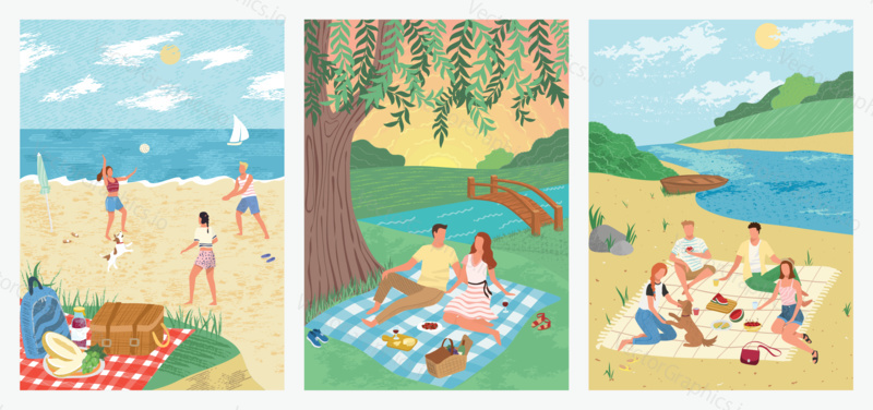 Summer vacation on tropical beach holiday concept vector illustration. People play volleyball on sand. Couple drink wine and watch sunset in a park. Friends at picnic, outdoor activity.