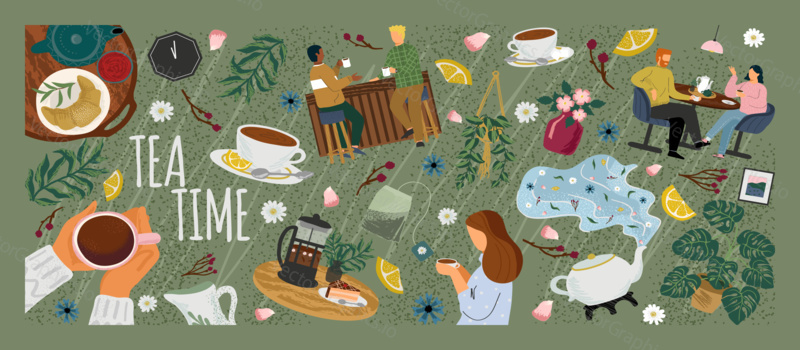 Morning coffee in cafe concept vector poster. People at a table in a restaurant drink tea. Friends meeting for breakfast. People drink hot tea. Table with tea pot and cups.