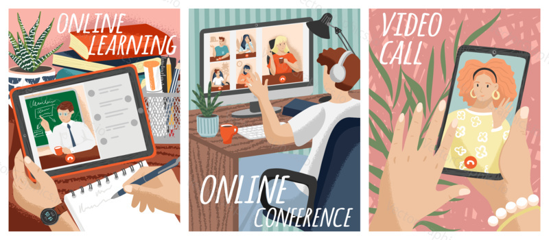 Lidé spolu mluví pomocí videokonferenční aplikace. Online obchodní jednání. On-line učení koncept vektorové ilustrace. Videohovor a chat s přítelem. Vzdálený tým, komunikační technologie.