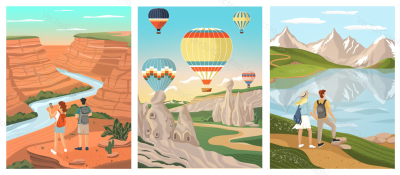 Venkovní krajiny s backpacking pár. Muž a žena cestují po světově proslulých přírodních památkách. Vektorové sady ilustrací. Horské jezero, Grand Canyon, vzdušné balony nad Kappadokií v Turecku.