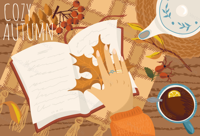 Žena zůstat doma, pít čaj a číst knihu. Podzimní nálada ručně kreslená vektorová ilustrace. Podzimní sezóna plakát. Maple leaf jako záložka pro deník. Podzimní útulný čas.