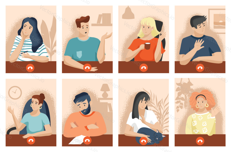 Vektorový koncept videokonference a online skupinové schůzky. Obrazovka s videokonferencí a videohovorem obchodního týmu. Muž a žena chatu on-line konference app. Ilustrace v plochém kresleném stylu