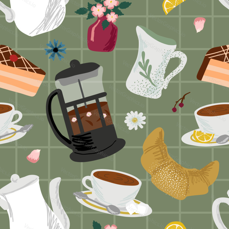 Bezešvé vzor s kávou a čajovými předměty. Vektorové ilustrace pozadí. Francouzský tisk káva, čaj hrnec, šálky, dort a croissant.