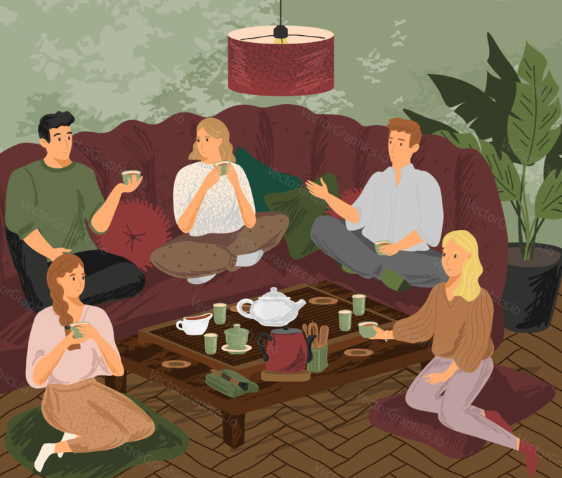 Přátelé pijí čaj doma. Čajový obřad koncept vektorové ilustrace. Lidé sedí na podlaze a pohovce, pijí čaj a mluví.