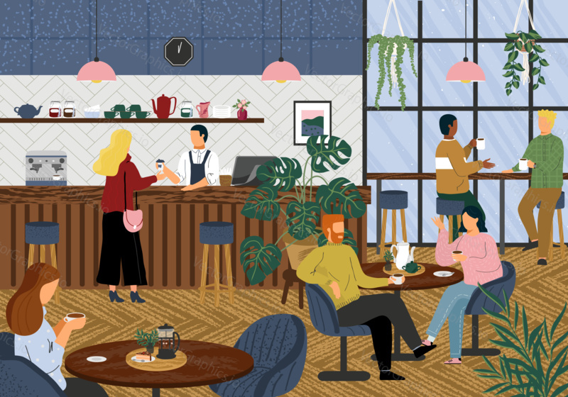 Ranní káva v kavárně koncept vektorové ilustrace. Lidé u stolu v restauraci pijí čaj. Přátelé setkání na snídani. Lidé pijí horký čaj a mluví. Žena objednává kávu u pultu.