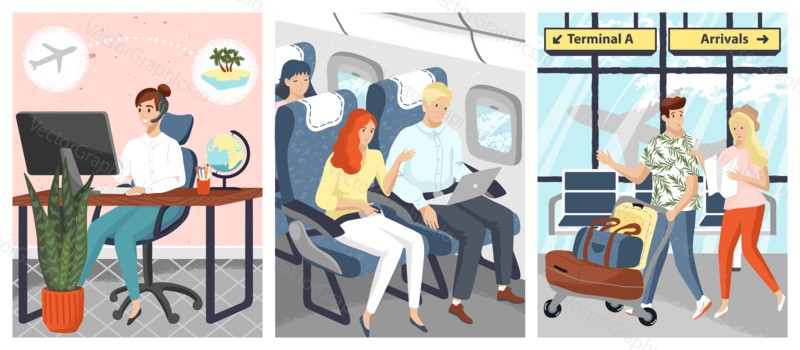 Lidé cestují letadlem vektor ilustrace. Muž a žena čekají na let v letištním terminálu. Cestující používají notebook a internet na palubě. Provozovatel cestovní kanceláře knihy jízdenku telefonicky.