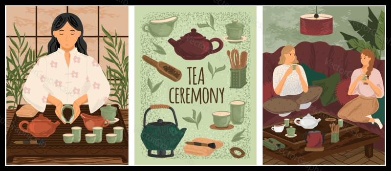 Tea ceremony koncept vektorové plakáty. Tradiční čínský způsob nebo čaj. Přátelé pijí horký čaj doma. Gongfu obřad nádobí a příslušenství, konvice, šálek, lžíce. Asijské čínské a japonské kultury.