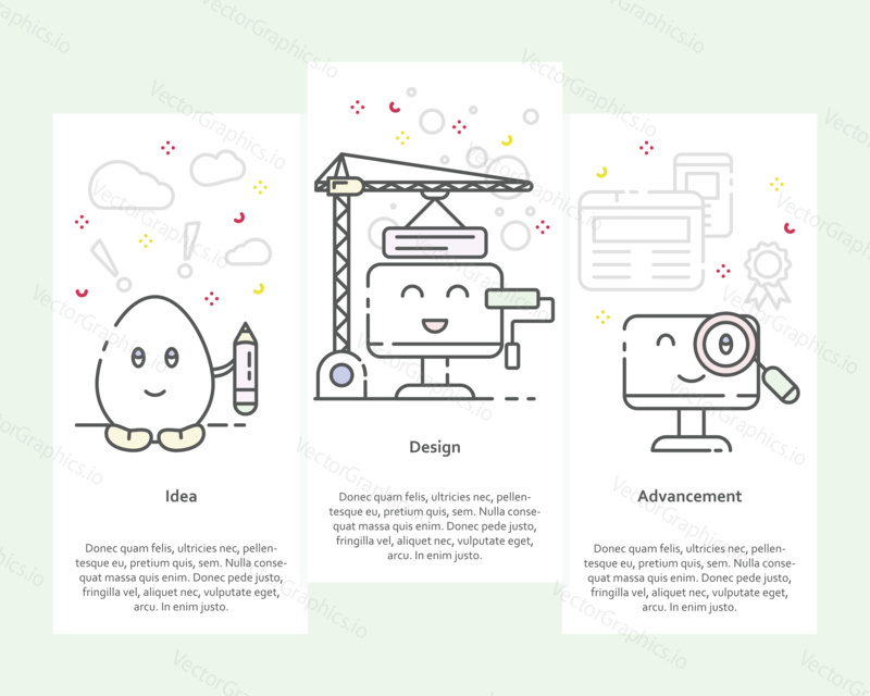 Vector set of vertical banners with Idea, Design and Advancement concept. 3 steps of creating design product or service. Thin line flat style elements, icons for web, marketing, presentation, printing