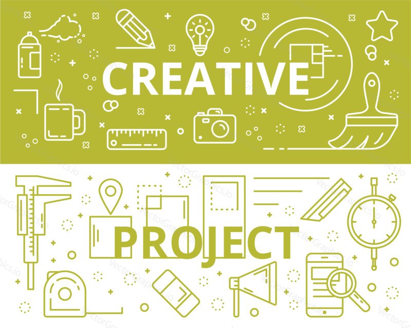 Vector set of Creative process and Project concept banners. Symbols and icons representing workflow of creating project. Thin line flat design elements for web, marketing, presentation and printing.