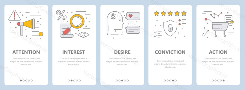 Vector set of vertical banners with attention, interest, desire, conviction and action concept elements. Thin line flat design symbols, icons for website menu, printing.