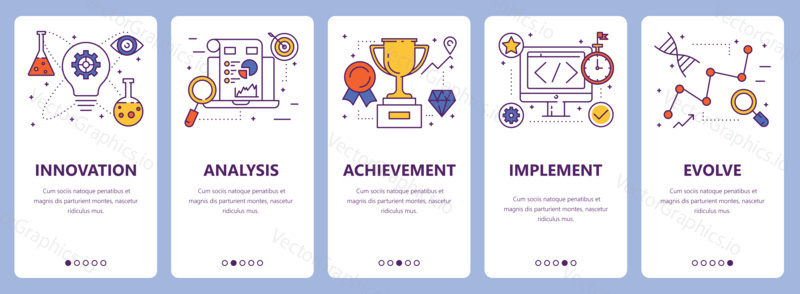 Vector set of improve concept vertical banners. Innovation, analysis, achievement, implement and evolve concept elements. Thin line flat design symbols, icons for website menu, print.