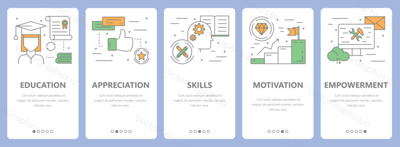 Vector set of employee concept vertical banners. Education, appreciation, skills, motivation and empowerment concept elements. Thin line flat design symbols, icons for website menu, print.