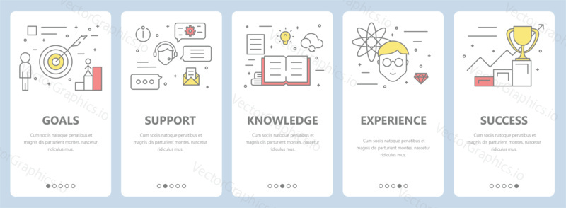 Vector set of vertical banners with goals, support, knowledge, experience, success concept elements. Thin line flat design symbols and icons for website menu, printing.