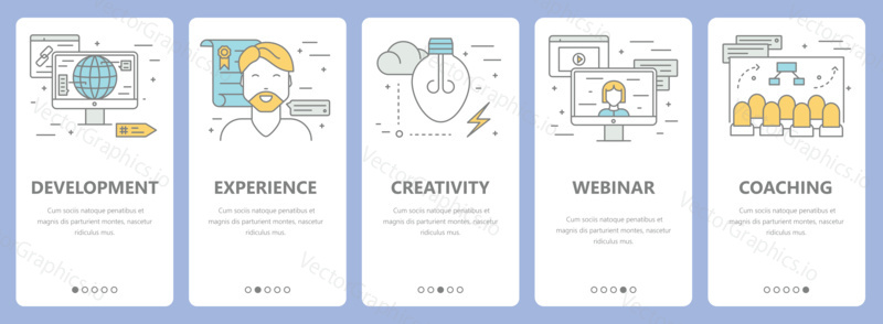 Vektorová sada e-learningových konceptů vertikální bannery. Vývoj, zkušenosti, kreativita, webinář a koučovací koncepční prvky. Tenké čáry ploché designové symboly, ikony pro nabídku webových stránek, tisk.