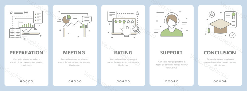 Vector set of vertical banners with preparation, meeting, rating, support, conclusion concept elements. Thin line flat design concept for website menu, promotional materials, education app.