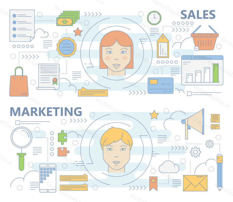 Vector set of sales and marketing concept banners. Modern thin line flat design symbols, icons for web, marketing and print.