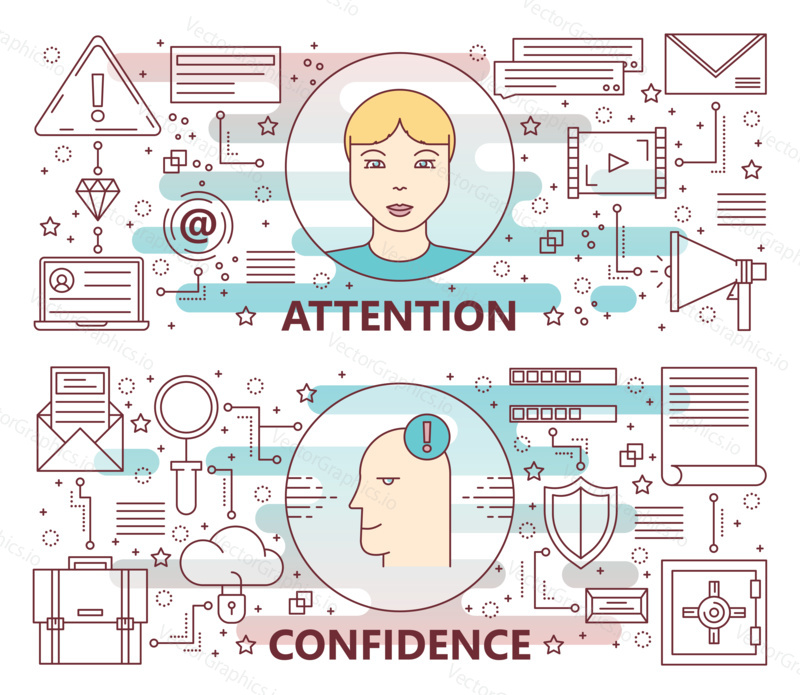 Vector set of attention and confidence concept horizontal banners. Modern thin line flat design elements, icons for web, presentation, marketing and printing.