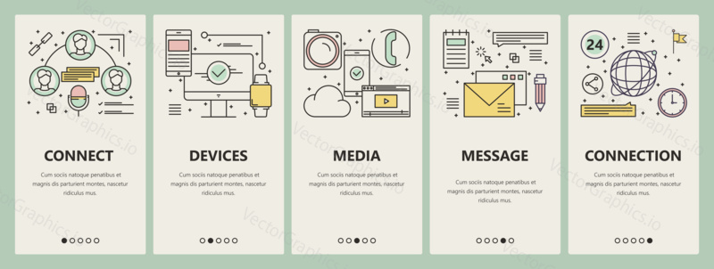 Vector set of communication concept vertical banners. Connect, Devices, Media, Message and Connection templates. Modern thin line flat design elements, symbols, icons for website menu, print