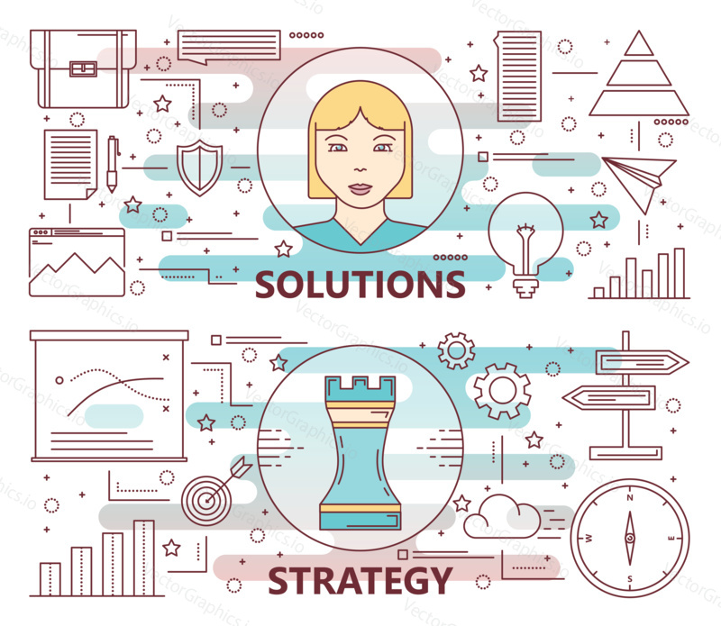 Vector set of Solutions and Strategy concept horizontal banners. Modern thin line flat design elements, icons for web, marketing, presentation and printing.