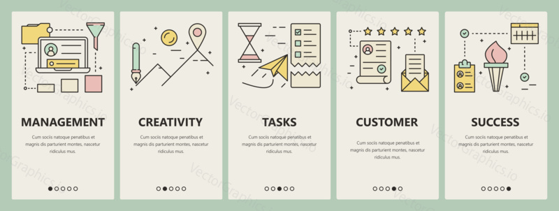 Vector set of identity concept vertical banners. Management, Creativity, Tasks, Customer and Success templates. Modern thin line flat design elements, symbols, icons for website menu, print.
