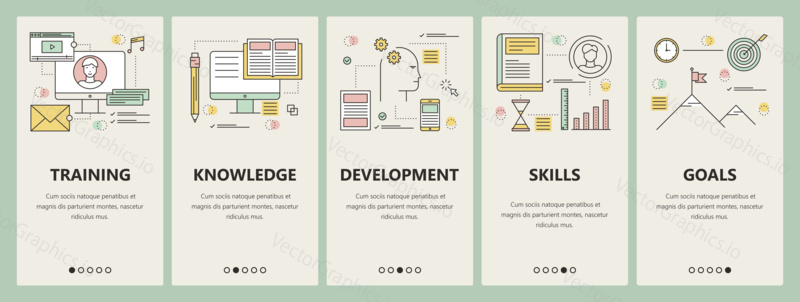 Vector set of e-commerce concept vertical banners. Training, Knowledge, Development, Skills and Goals templates. Modern thin line flat design elements, symbols, icons for website menu, print
