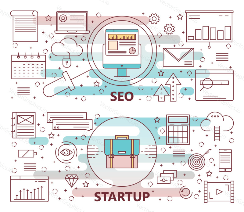 Vector set of SEO and Startup concept horizontal banners. Modern thin line flat design elements, icons for web, marketing, presentation and printing.